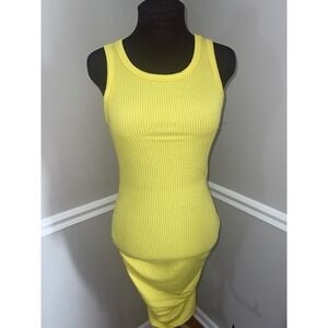 Antistar Bodycon Tank Dress Medium Yellow Ribbed Knit Side Slits Midi Ruched New
